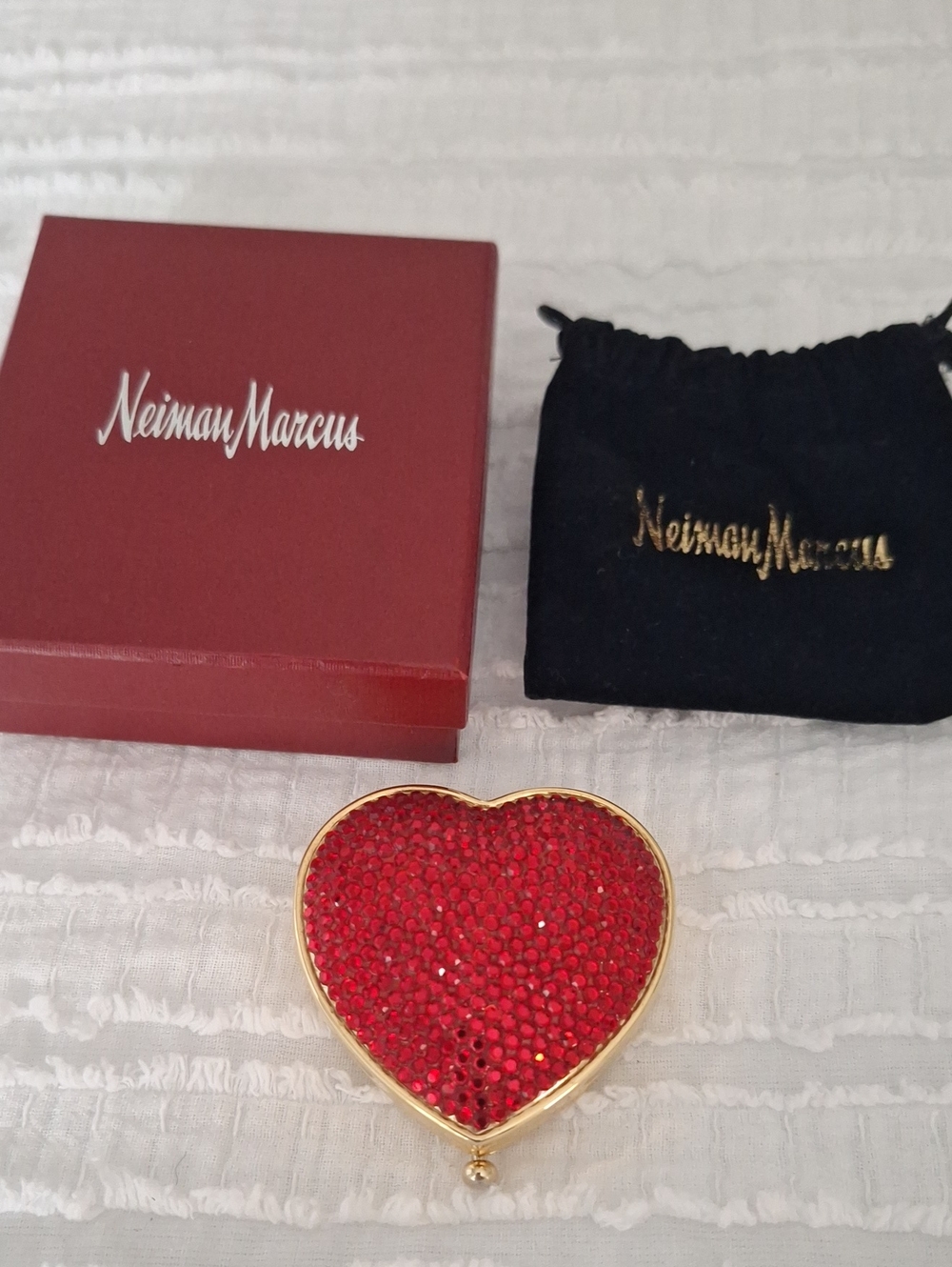 Vintage Neiman Marcus Red Rhinestone Heart Compact Mirror Set - Orig Bag & Box